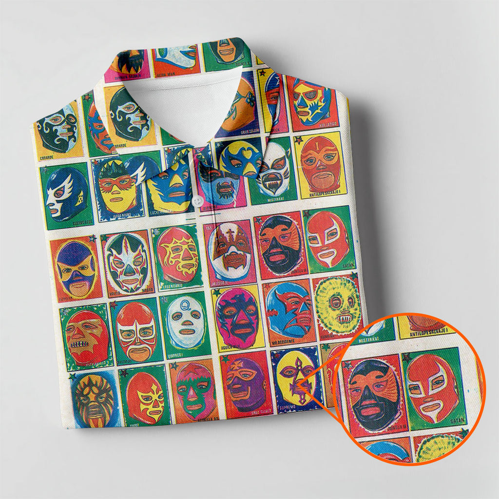 Lucha Libre Mask Grid Pattern Golf Tops For Men, Cinco De Mayo Celebration Golf Shirts For Men