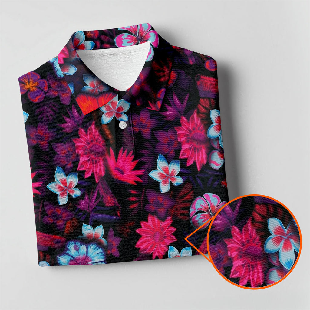 Colorful Hibiscus Tropical Floral Hawaiian Golf Shirt, Summer Vibe Golf Shirts For Men