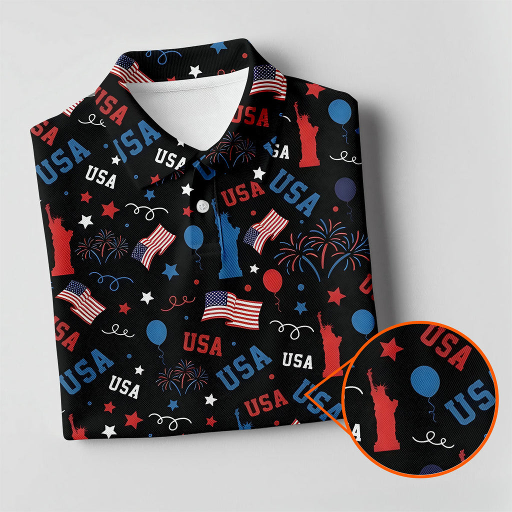 USA Red White Blue Seamless Pattern Black Golf Shirt, 250th Anniversary Patriotic 4th Of July Golf Shirts For Men