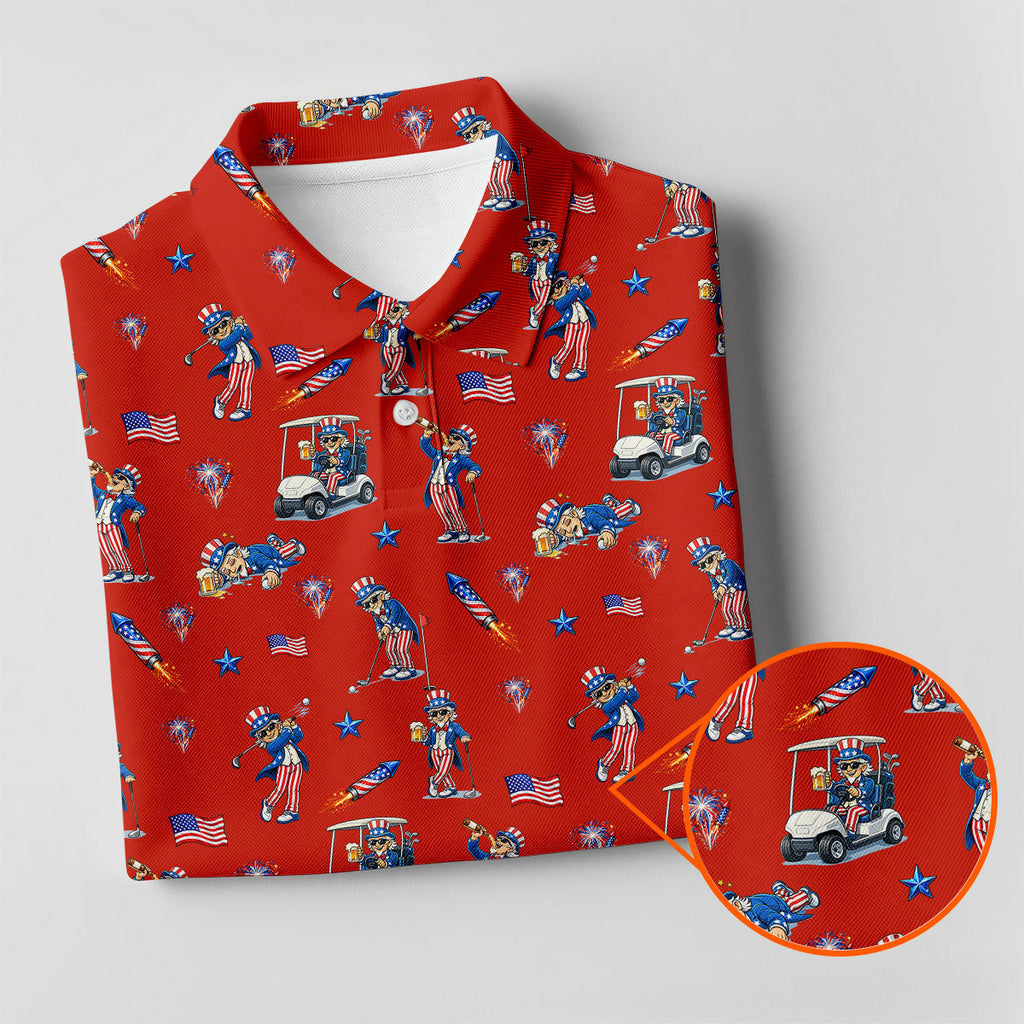 Patriotic Man Golf And Beer Funny 4th Of July Red Golf Shirt, 250 Years Seamless Pattern Golf Shirts For Men