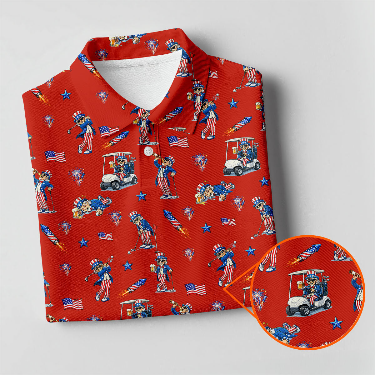 Patriotic Man Golf And Beer Funny 4th Of July Red Golf Shirt, 250 Years Seamless Pattern Golf Shirts For Men