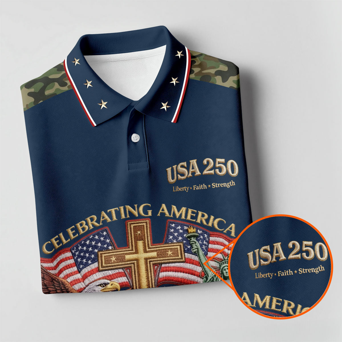 Liberty Faith Strength Faith Cross USA 250 Navy Camo Golf Shirt, 4th Of July Golf Shirts For Men