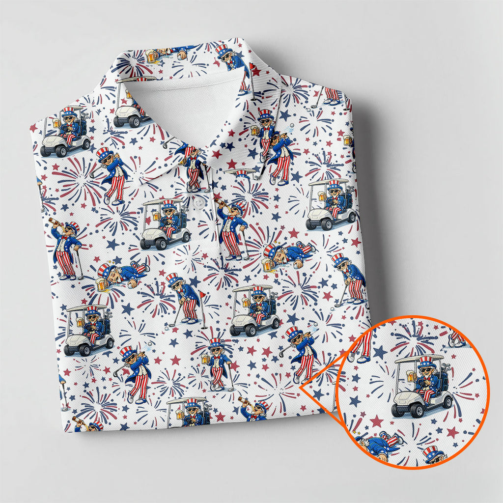 Patriotic Theme Golf And Beer Funny 4th Of July Golf Shirt, 250 Years Seamless Pattern Golf Shirts For Men