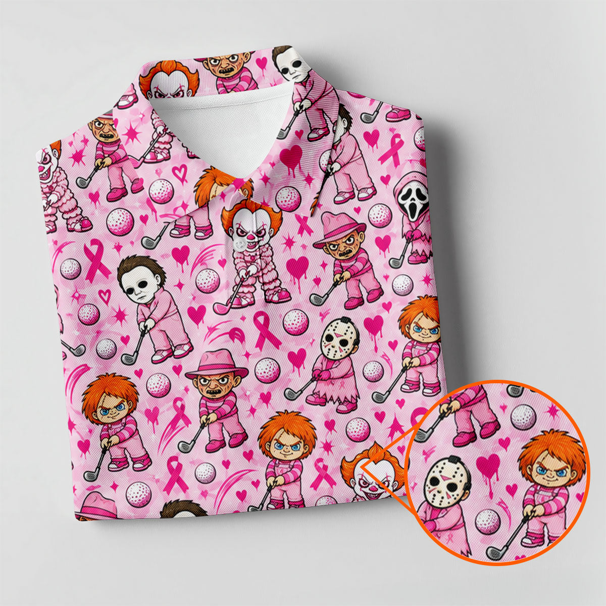 Halloween Horror Character Breast Cancer Polo Shirt, Women's Golf Polo, Ladies Golf Top
