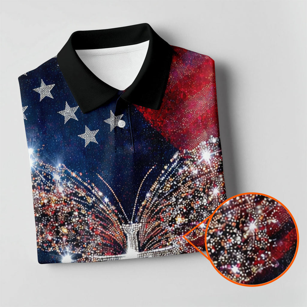 Vintage Faith Rhinestone Butterfly American Flag Golf Shirt, 250 Years Patriotic 4th Of July Golf Shirts For Men