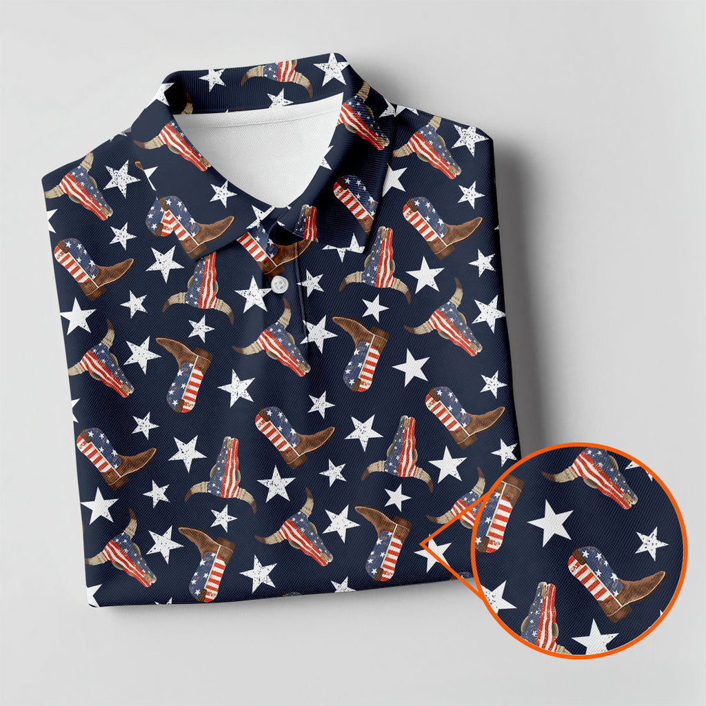Patriotic Cowboy Boots Stars Pattern 4th Of July Golf Shirt, 250th Anniversary Golf Shirts For Men