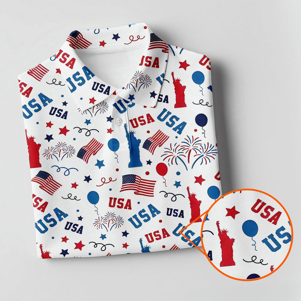 USA Red White Blue Seamless Pattern White Golf Shirt, 250th Anniversary Patriotic 4th Of July Golf Shirts For Men