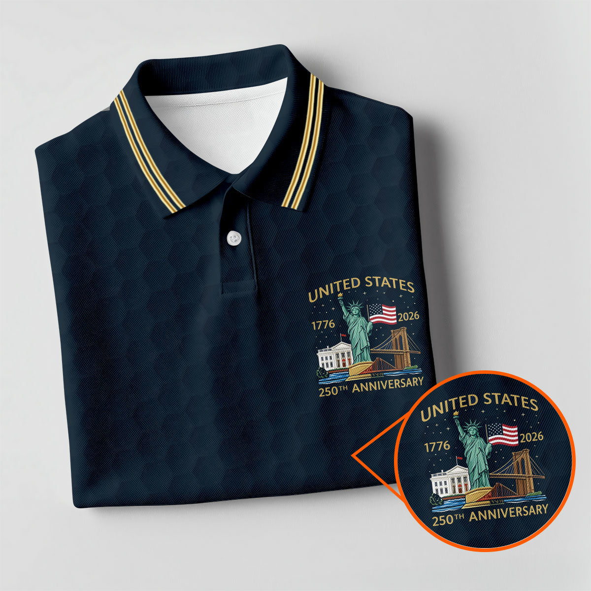 United States 250th Anniversary Golf Ball Pattern Navy Golf Shirt, 4th Of July Patriotic Golf Shirts For Men