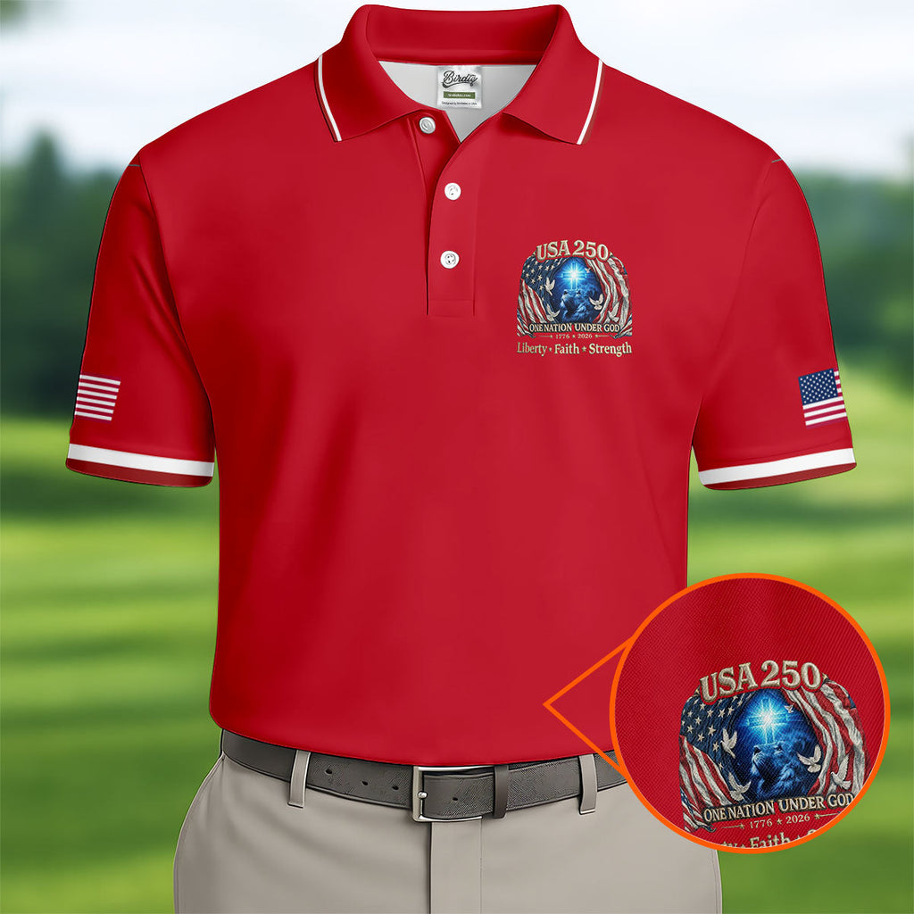One Nation Under God Faith Cross USA 250 Logo Red Golf Shirt, 4th Of July Golf Shirts For Men