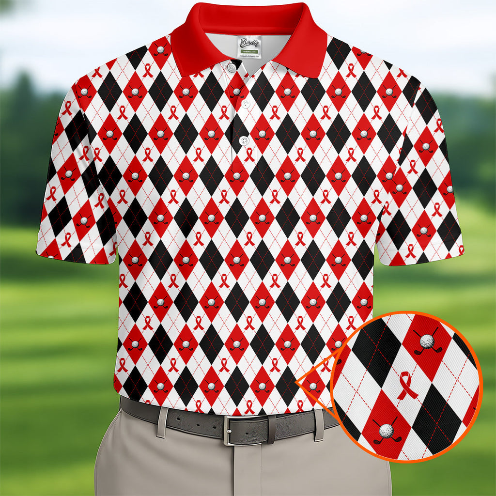 Red Painted Awareness Ribbon Aids Hiv Men's Polo Shirt, AIDS Awareness Shirt, Men Golf Shirt, Golf Gift For Men