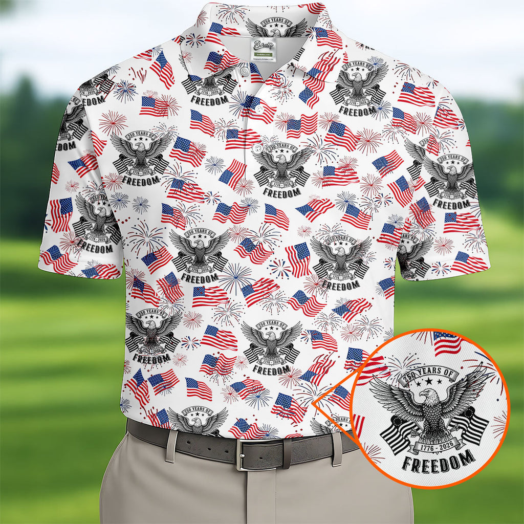 250 Years Of Freedom Festive Flag Vintage White Golf Shirt, Patriotic 4th Of July Golf Shirts For Men