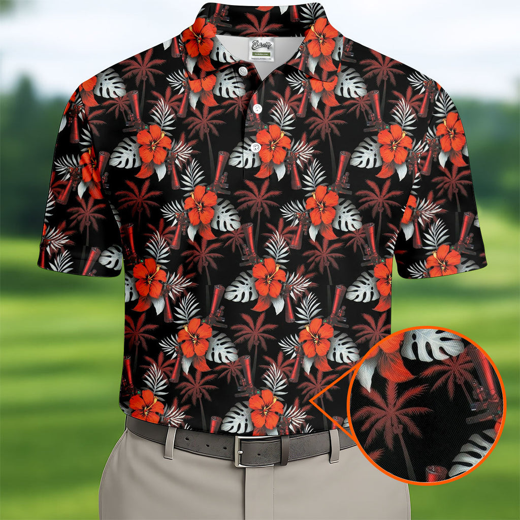 Orange Hibiscus Black Hawaiian Golf Shirt, Summer Vibe Golf Shirts For Men