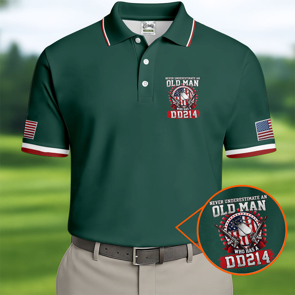 Never Underestimate An Old Man Who Was A DD214 Veterans Golf Shirts For Men, 250 Years Patriotic Golf Shirt