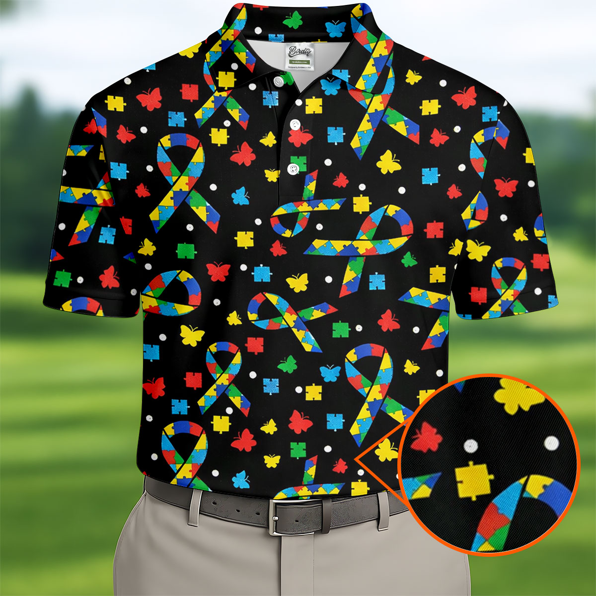 Autism Awareness Ribbon Colorful Butterflies Black Golf Shirt, Golf Tops For Men, Golf Shirts For Men
