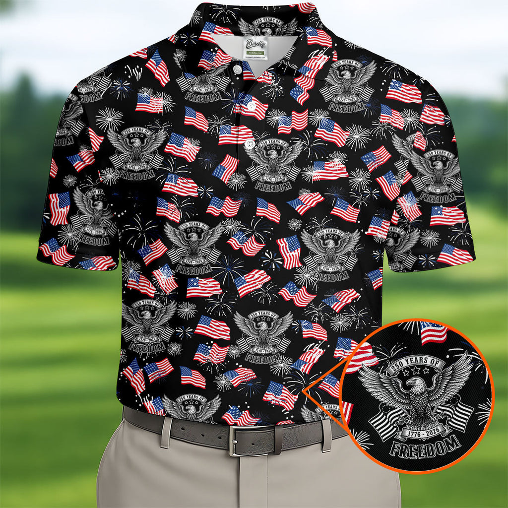250 Years Of Freedom Festive Flag Vintage Black Golf Shirt, Patriotic 4th Of July Golf Shirts For Men