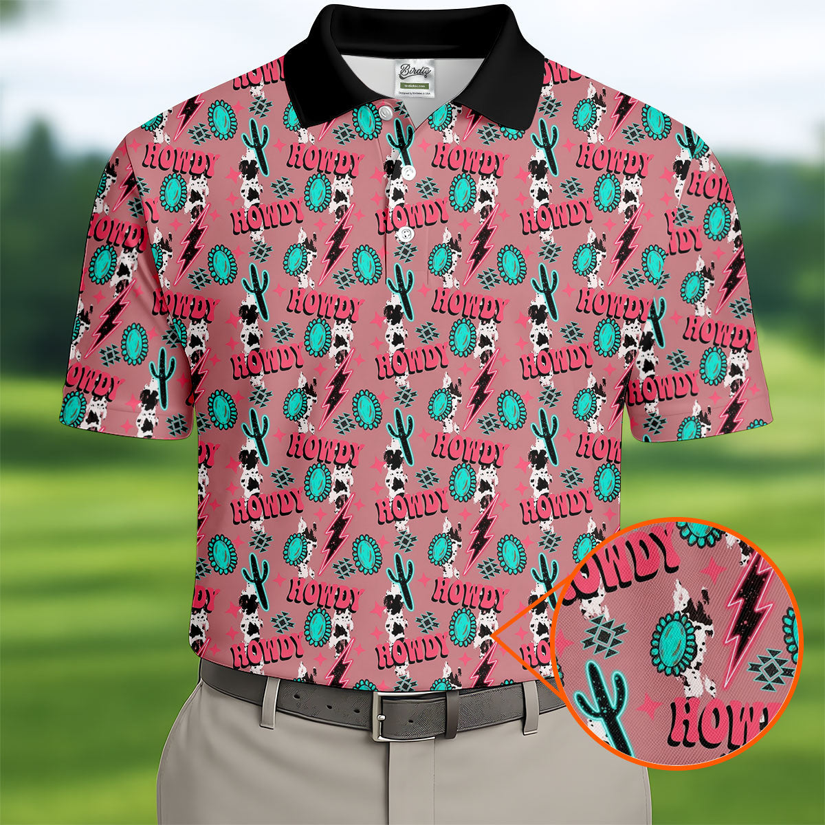Howdy Pink Lightning Bolts Western Theme Golf Tops For Men, Polo Shirts For Men, Golf Shirts For Men