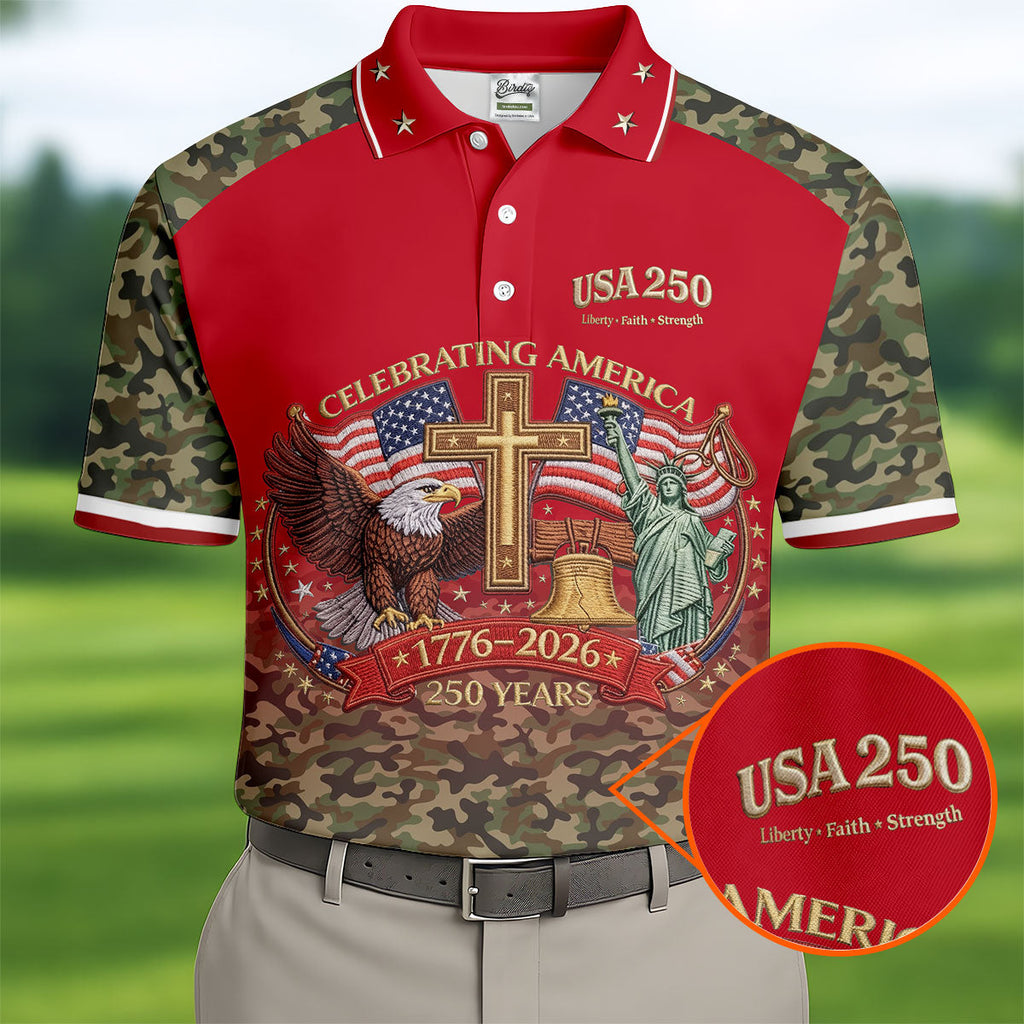 Liberty Faith Strength Faith Cross USA 250 Red Camo Golf Shirt, 4th Of July Golf Shirts For Men
