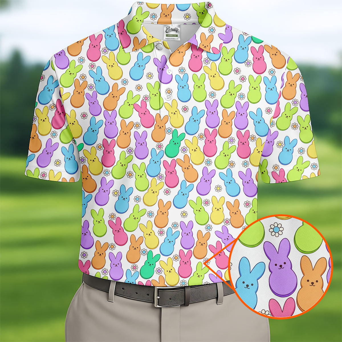 Pastel Easter Peeps Daisy Pattern Golf Shirts For Men, Cute Golf Outfit, Polo Shirts For Men