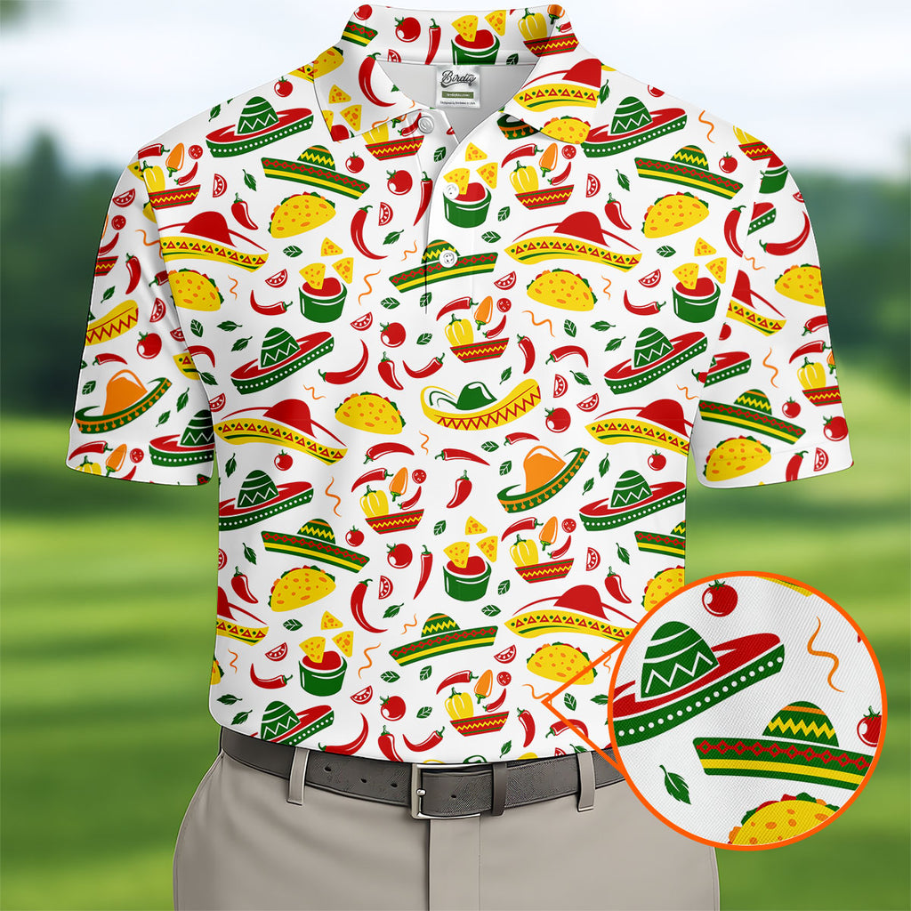 Mexican Fiesta Seamless Pattern Golf Tops For Men, Cinco De Mayo Celebration Golf Shirts For Men