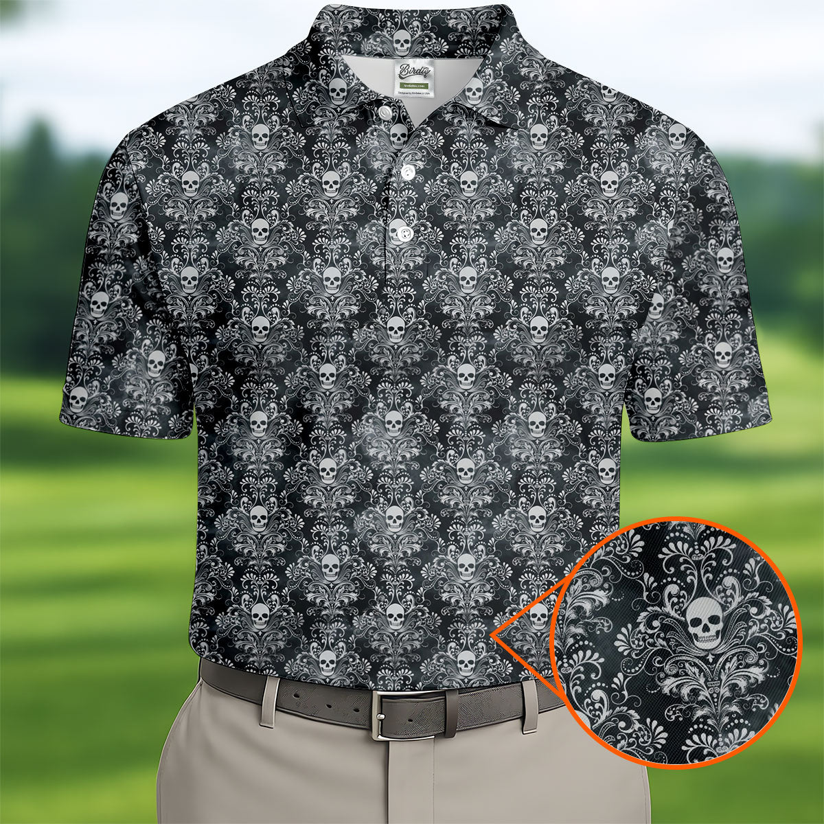 Skull Damask Charcoal Grey Gothic Floral Golf Tops For Men, Polo Shirts For Men, Golf Shirts For Men