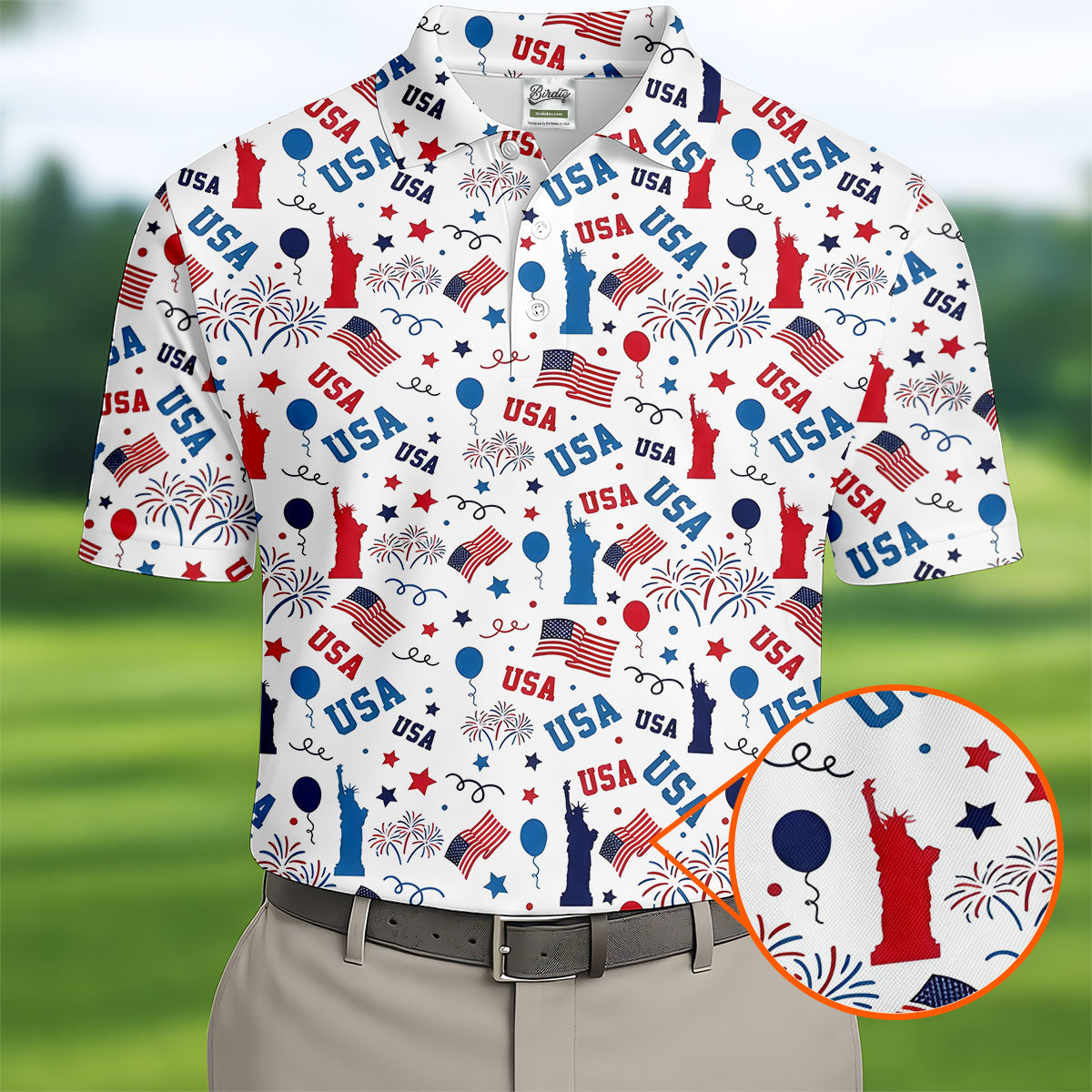 USA Red White Blue Seamless Pattern White Golf Shirt, 250th Anniversary Patriotic 4th Of July Golf Shirts For Men