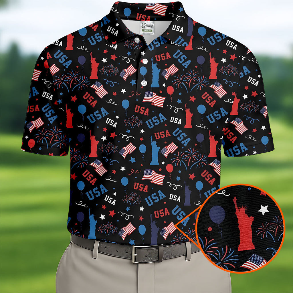 USA Red White Blue Seamless Pattern Black Golf Shirt, 250th Anniversary Patriotic 4th Of July Golf Shirts For Men