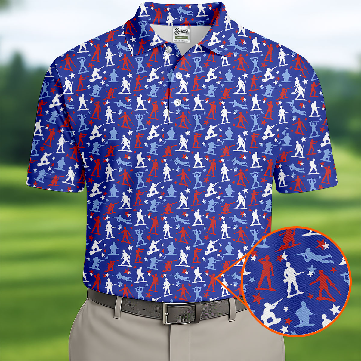 Red White Blue Soldier Pose Patriotic 4th Of July Golf Shirt, 250th Anniversary Golf Shirts For Men