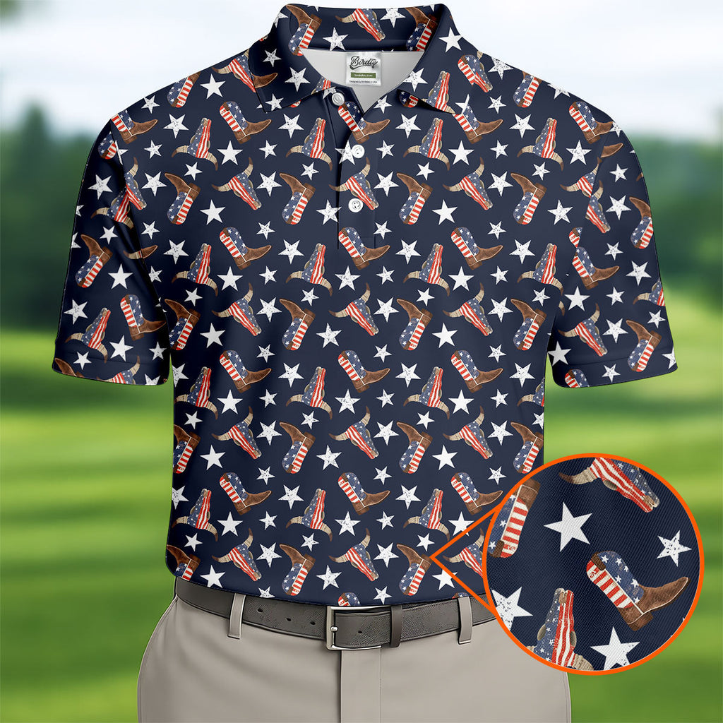 Patriotic Cowboy Boots Stars Pattern 4th Of July Golf Shirt, 250th Anniversary Golf Shirts For Men