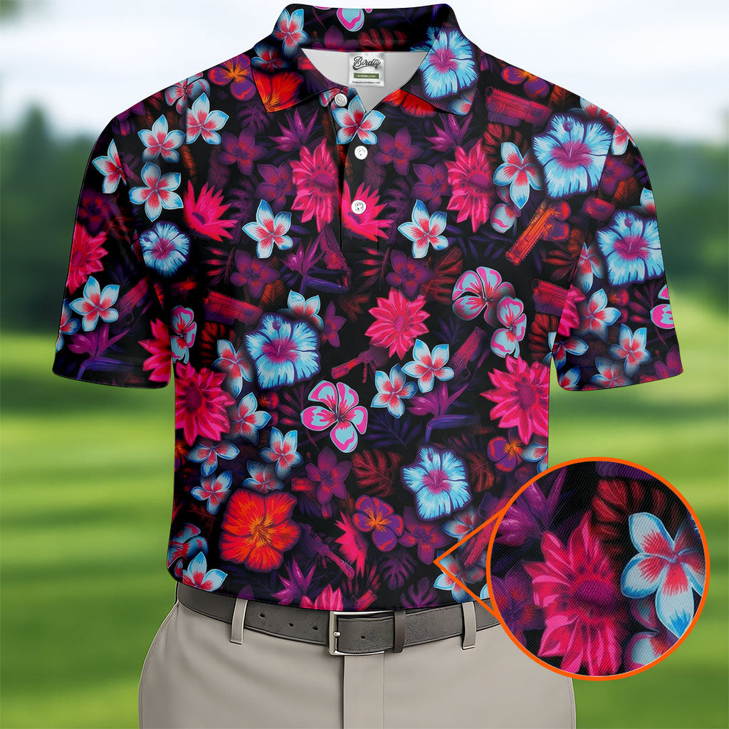 Colorful Hibiscus Tropical Floral Hawaiian Golf Shirt, Summer Vibe Golf Shirts For Men