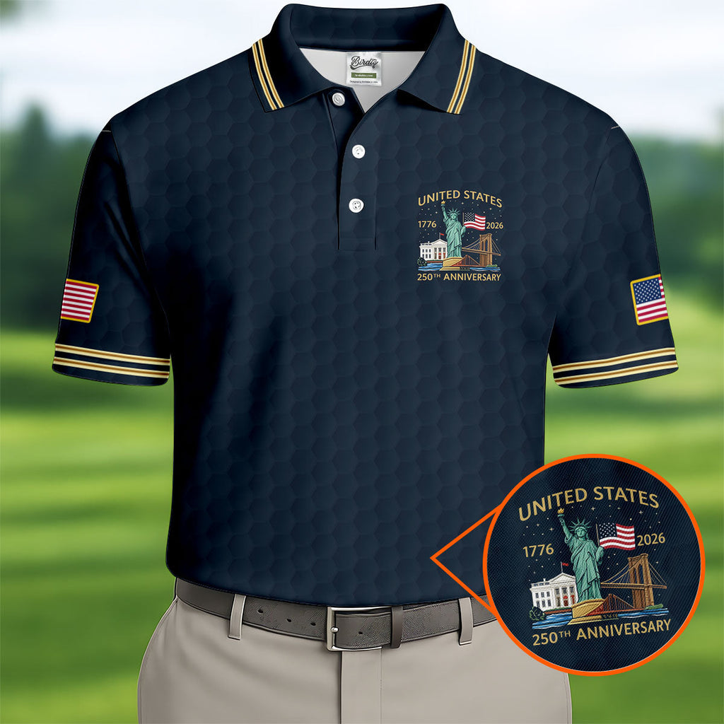 United States 250th Anniversary Golf Ball Pattern Navy Golf Shirt, 4th Of July Patriotic Golf Shirts For Men