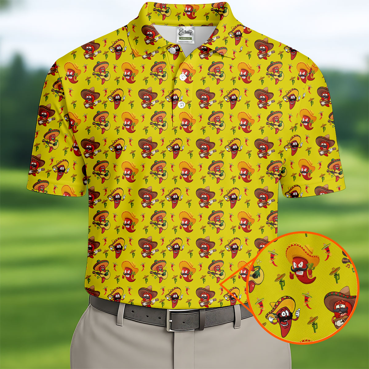 Cartoon Chili Pepper Mexican Sombrero Cinco De Mayo Celebration Fiesta Themed Golf Shirts For Men