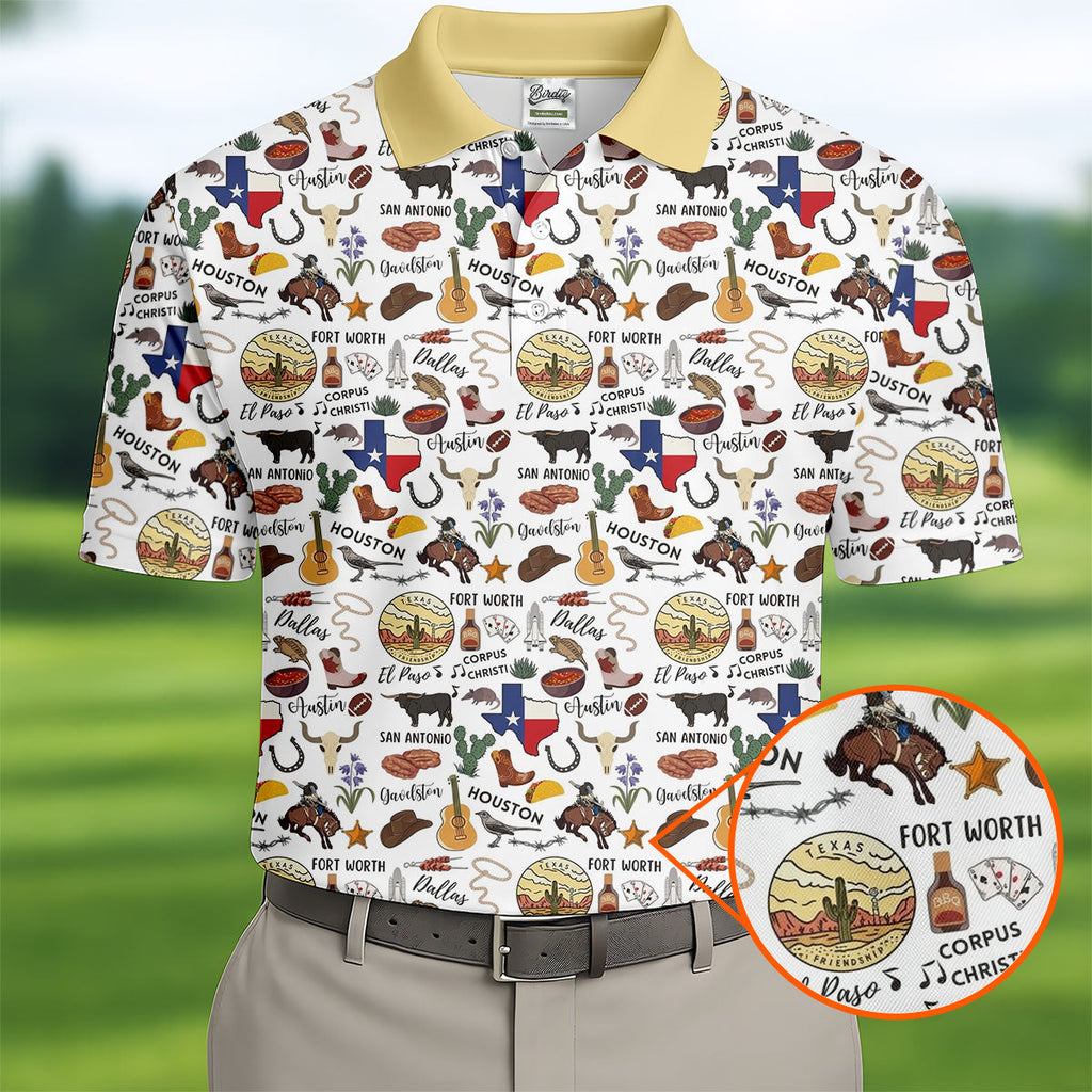 Texas Symbols Western Theme Doodle Style Golf Tops For Men, Polo Shirts For Men, Golf Shirts For Men