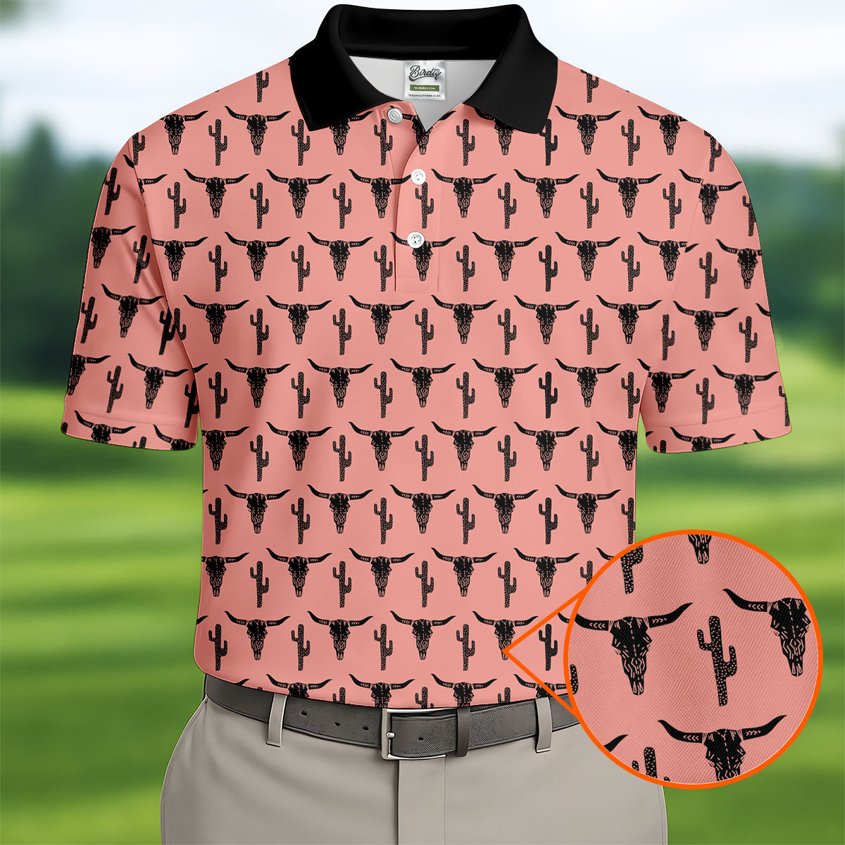Longhorn Cow Skull Western Theme Peach Pink Golf Tops For Men, Polo Shirts For Men, Golf Shirts For Men