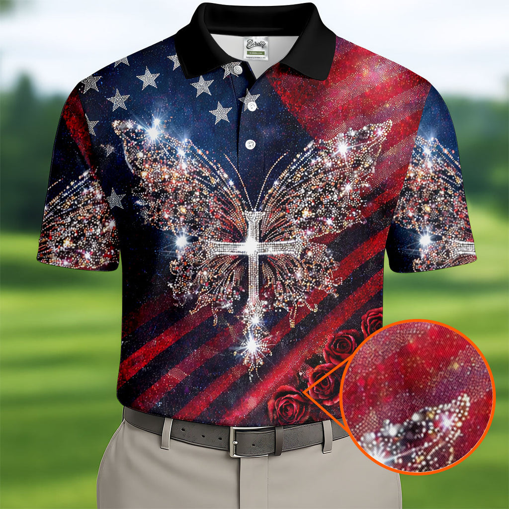 Vintage Faith Rhinestone Butterfly American Flag Golf Shirt, 250 Years Patriotic 4th Of July Golf Shirts For Men