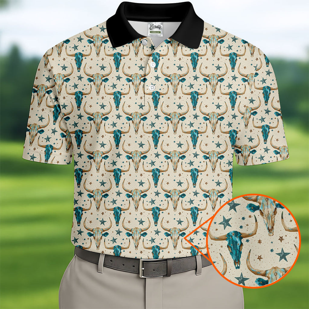 Cow Skulls Turquoise And Beige Western Theme Golf Tops For Men, Polo Shirts For Men, Golf Shirts For Men
