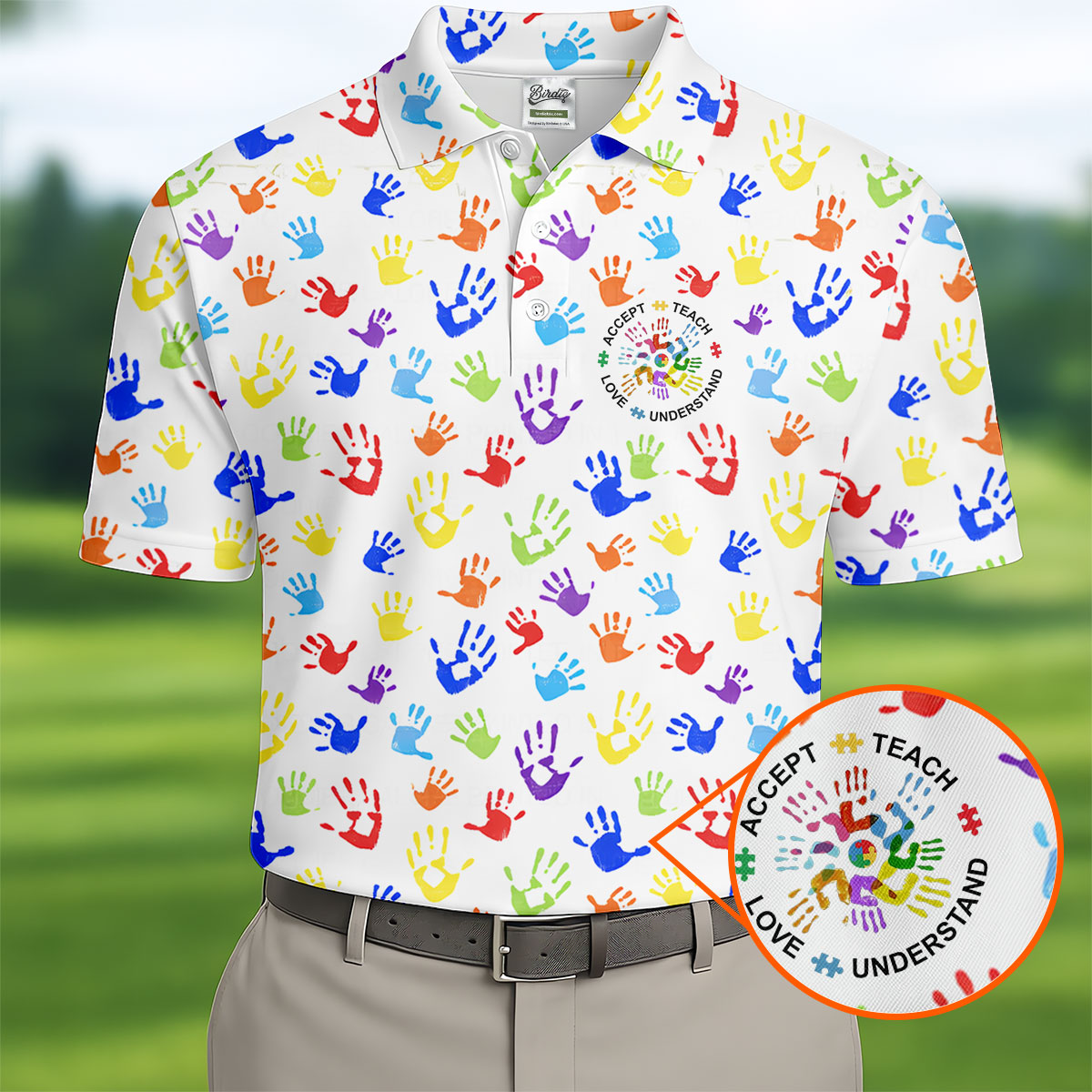 Accept Teach Understand Love Autism Awareness Colorful Handprint White Golf Shirt, Golf Shirts For Men