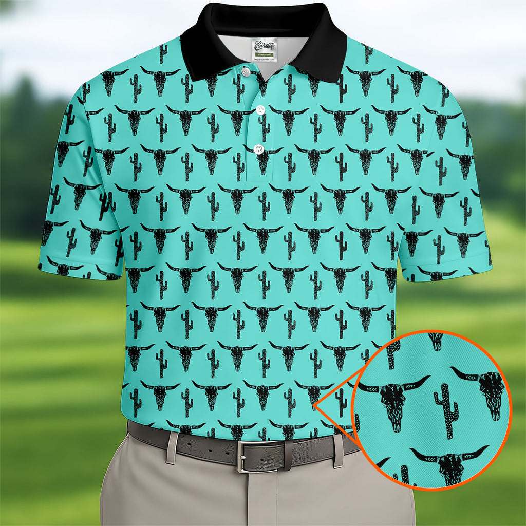 Longhorn Cow Skull Western Theme Peacock Blue Golf Tops For Men, Polo Shirts For Men, Golf Shirts For Men