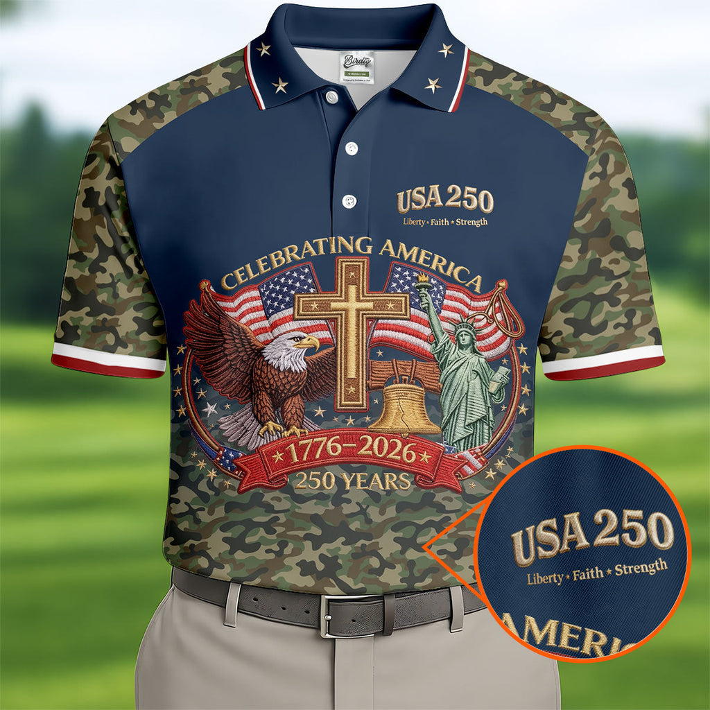 Liberty Faith Strength Faith Cross USA 250 Navy Camo Golf Shirt, 4th Of July Golf Shirts For Men