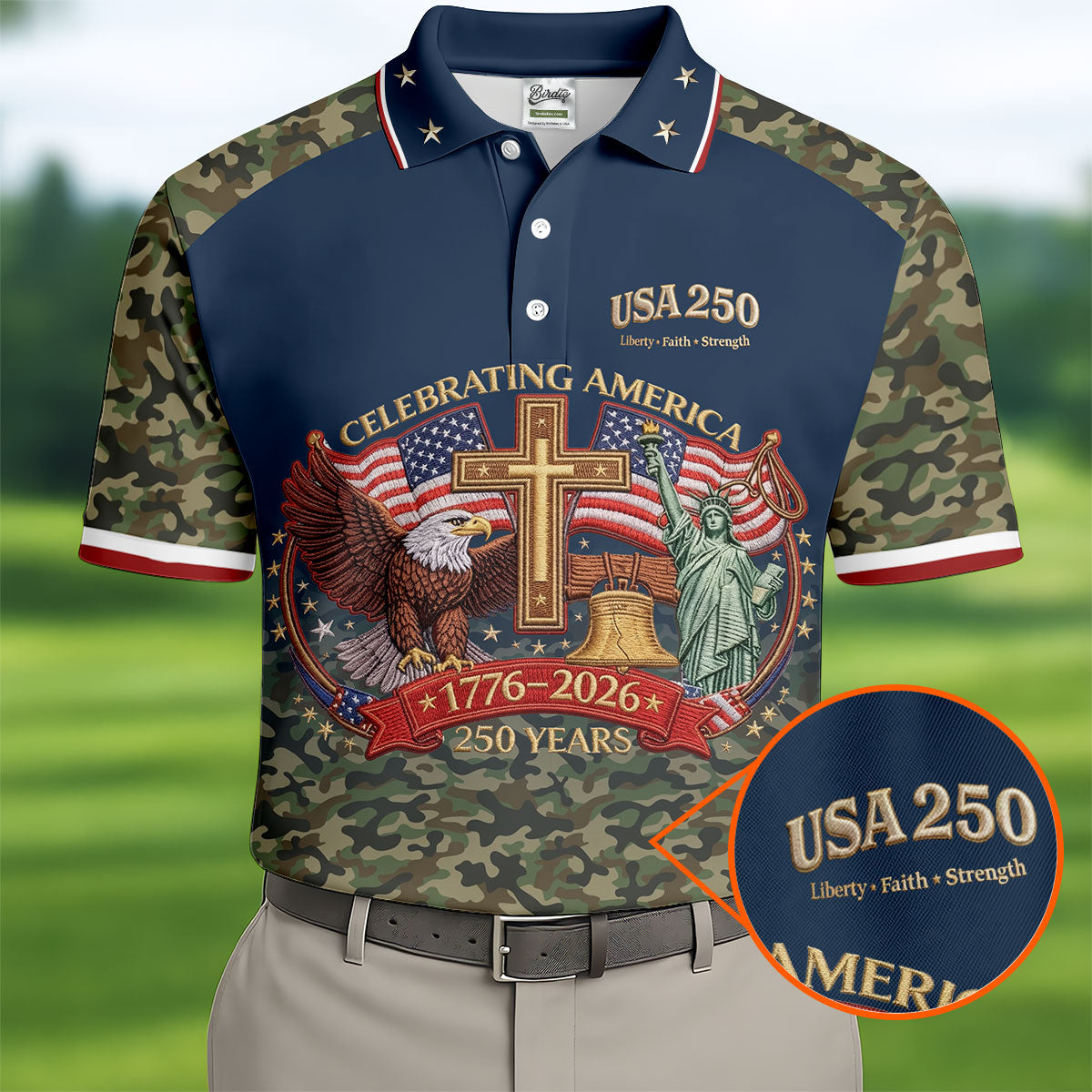 Liberty Faith Strength Faith Cross USA 250 Navy Camo Golf Shirt, 4th Of July Golf Shirts For Men
