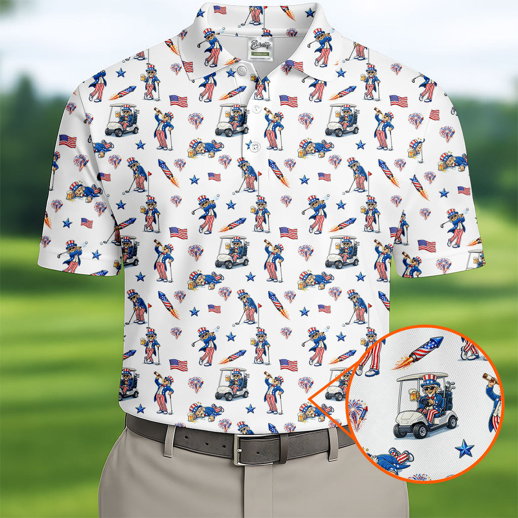 Patriotic Man Golf And Beer Funny 4th Of July White Golf Shirt, 250 Years Seamless Pattern Golf Shirts For Men
