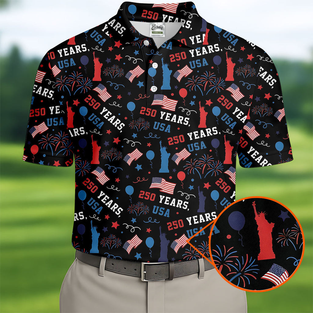 250 Years USA Red White Blue Seamless Pattern Black Golf Shirt, Patriotic 4th Of July Golf Shirts For Men