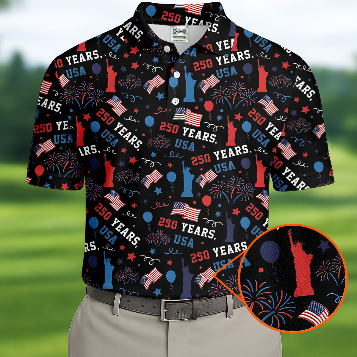 250 Years USA Red White Blue Seamless Pattern Black Golf Shirt, Patriotic 4th Of July Golf Shirts For Men
