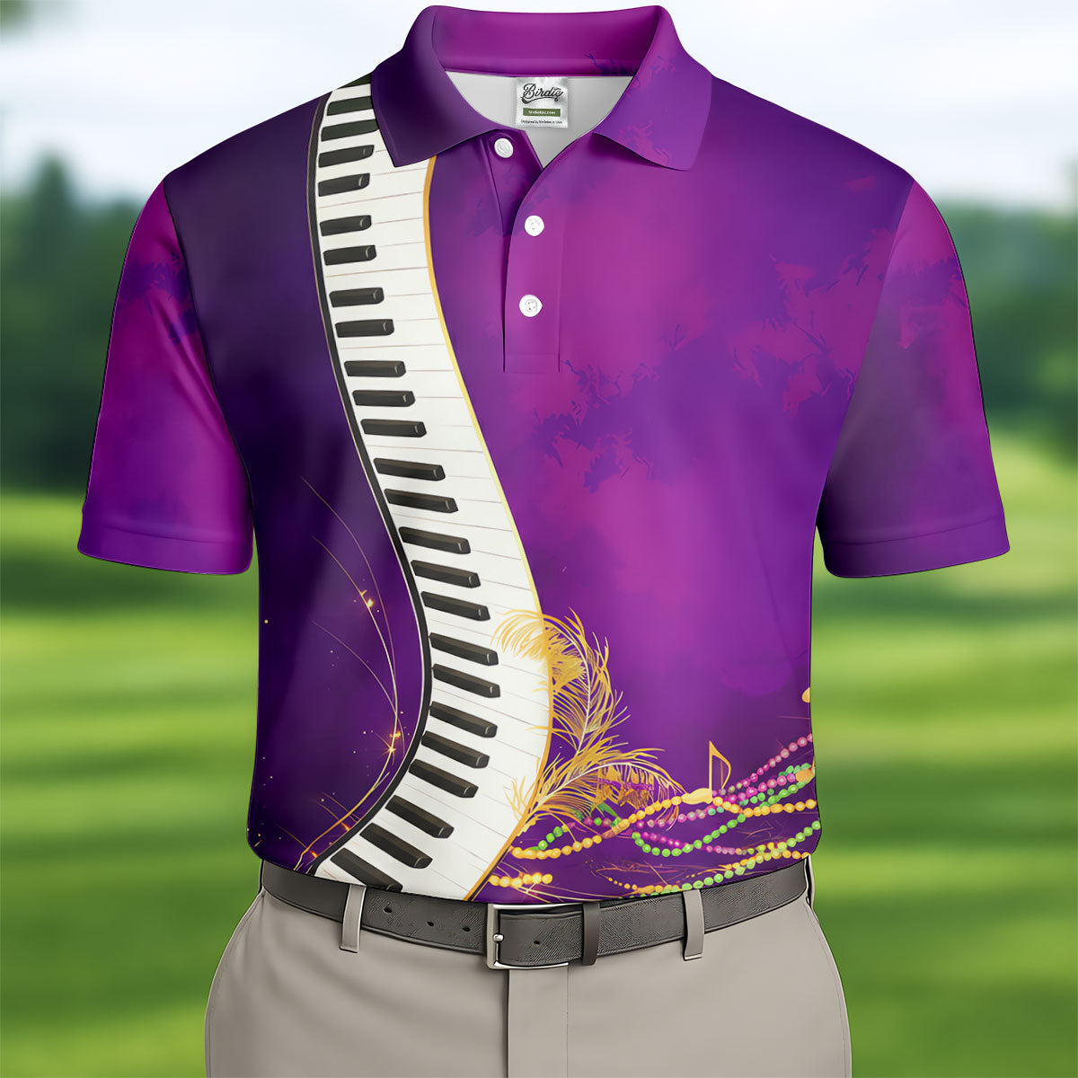 Mardi Gras Feather Beads Piano Keyboard Print Purple Golf Shirt, Polo Shirts For Men, Golf Shirts For Men