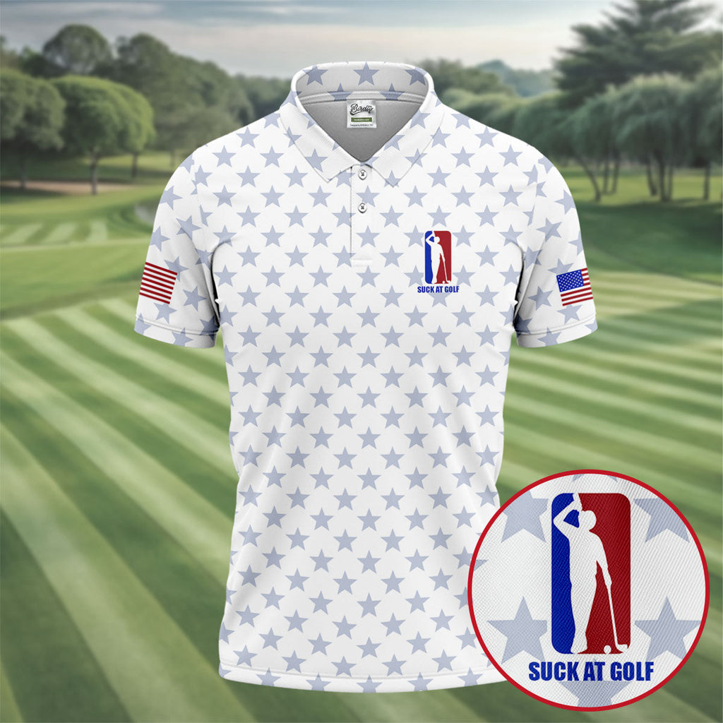 Suck At Golf Patriotic 4th Of July Stars Pattern White Golf Shirt, 250th Anniversary Golf Shirts For Men