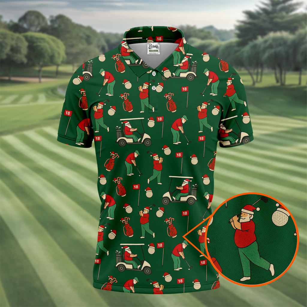 Golfing Santa Green Christmas Golf Tops For Men, Men's Funny Golf Shirts, Christmas Golf Shirt
