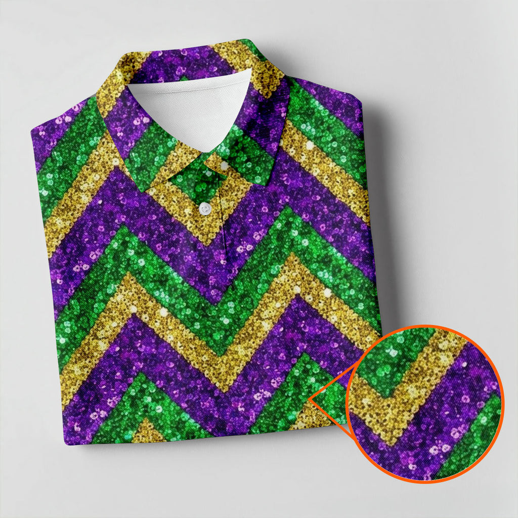 Mardi Gras Purple Gold Green Zigzag Pattern Glitter Print Golf Tops For Men, Polo Shirts For Men, Golf Shirts For Men