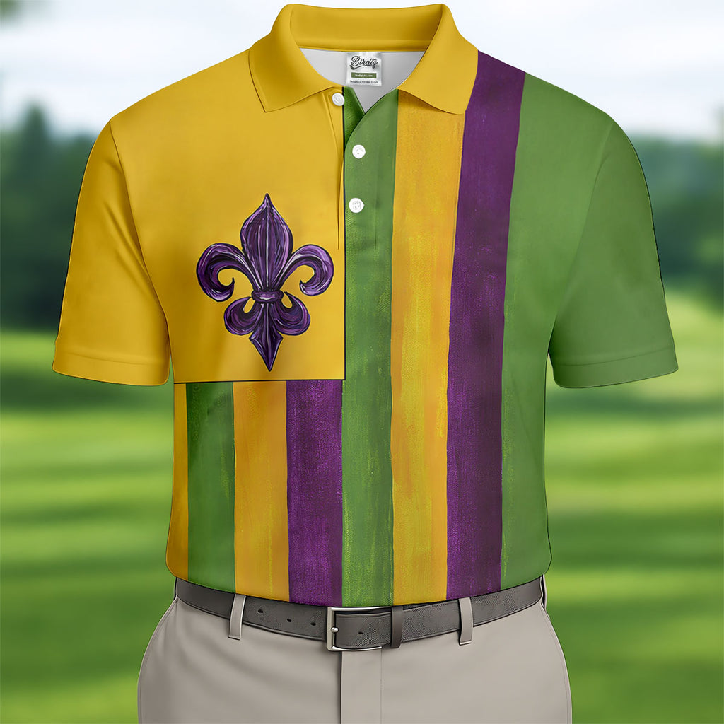Purple Green Gold Vertical Stripes Fleur De Lis Flower Mardi Gras Golf Shirt, Polo Shirts For Men, Golf Shirts For Men
