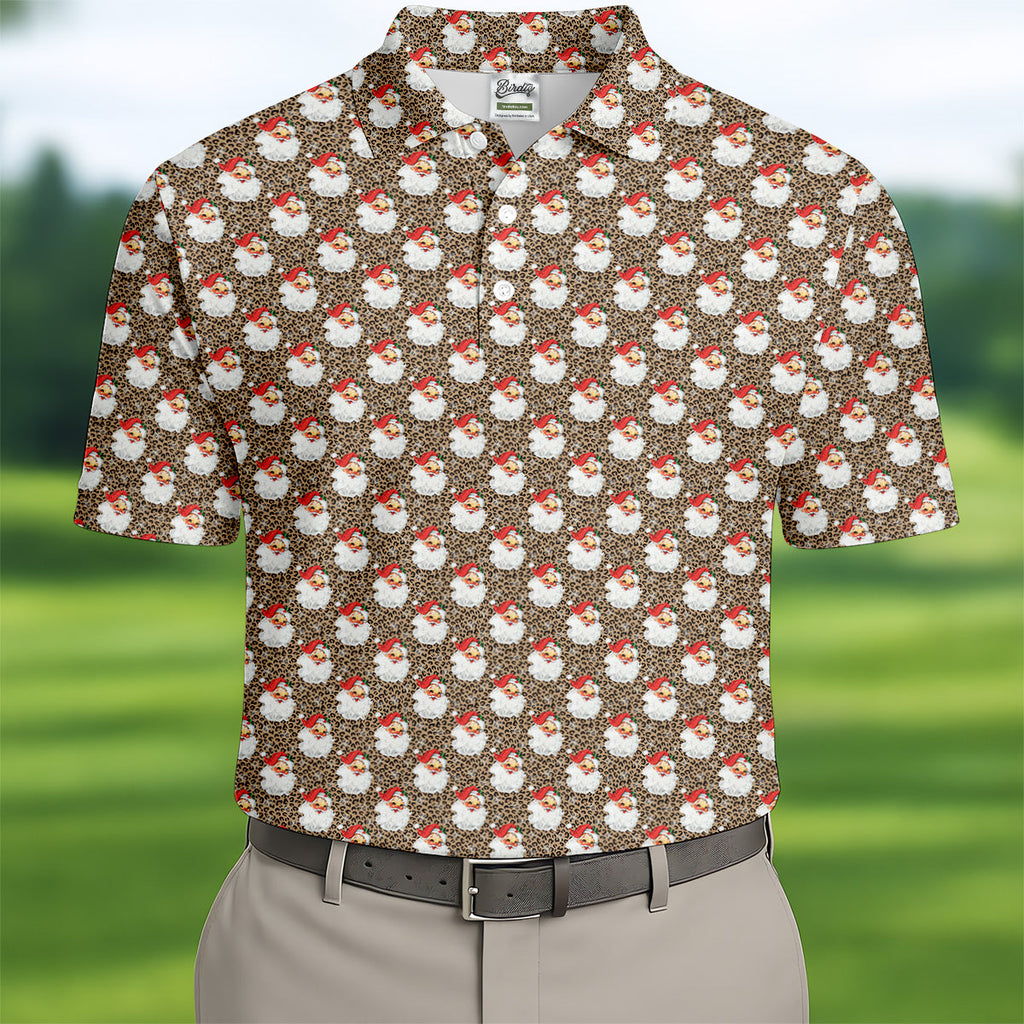 Leopard Santa Xmas Golf Shirt, Golf Tops For Men, Retro Golf Shirt, Christmas Golf Shirt, Golf Gift For Men