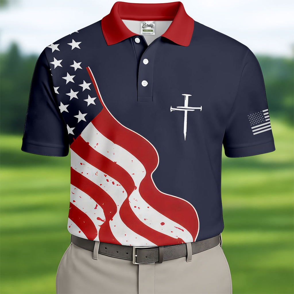 Faith Cross America 250th Anniversary 4th Of July Shirt, Patriotic Navy Golf Shirts For Men