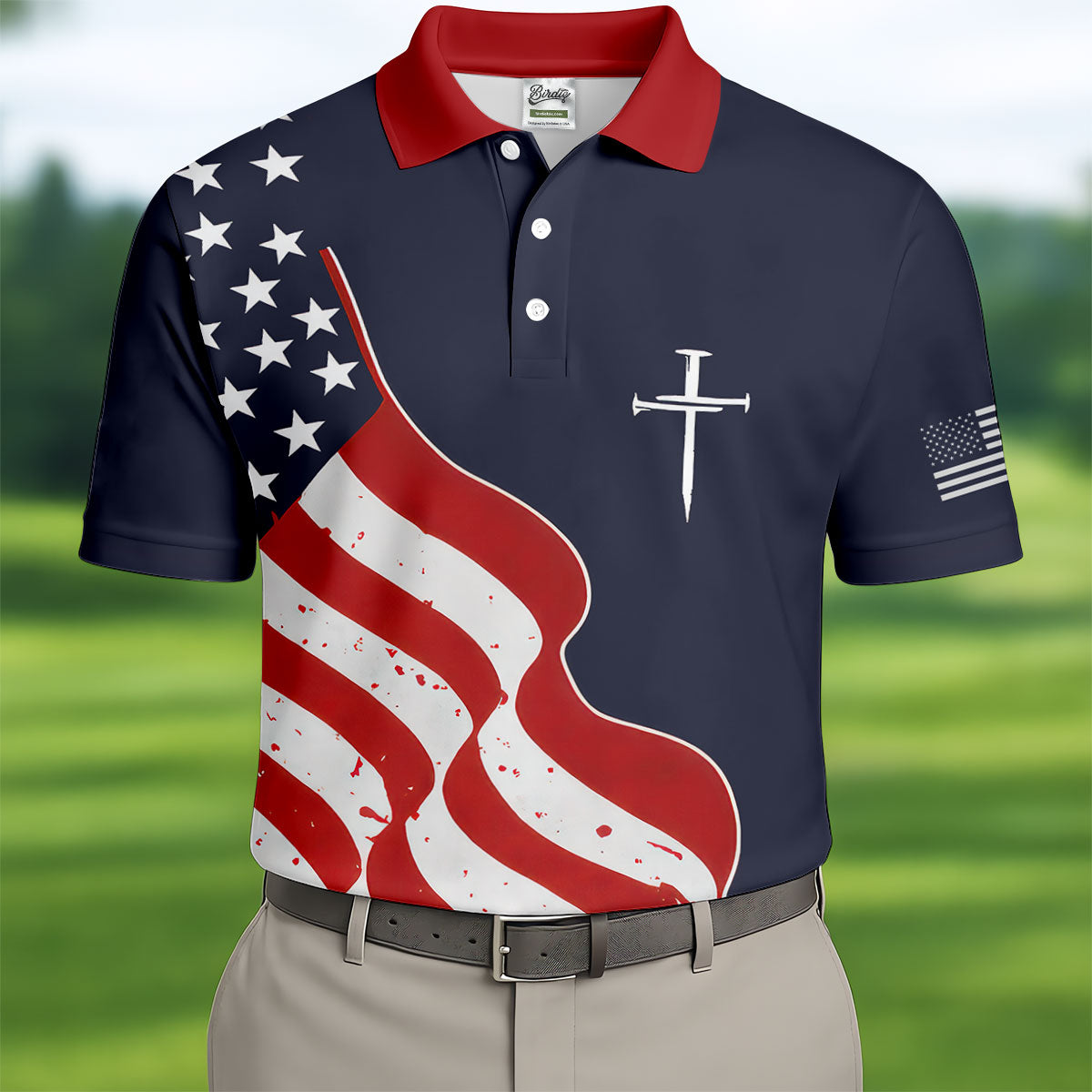 Faith Cross America 250th Anniversary 4th Of July Shirt, Patriotic Navy Golf Shirts For Men